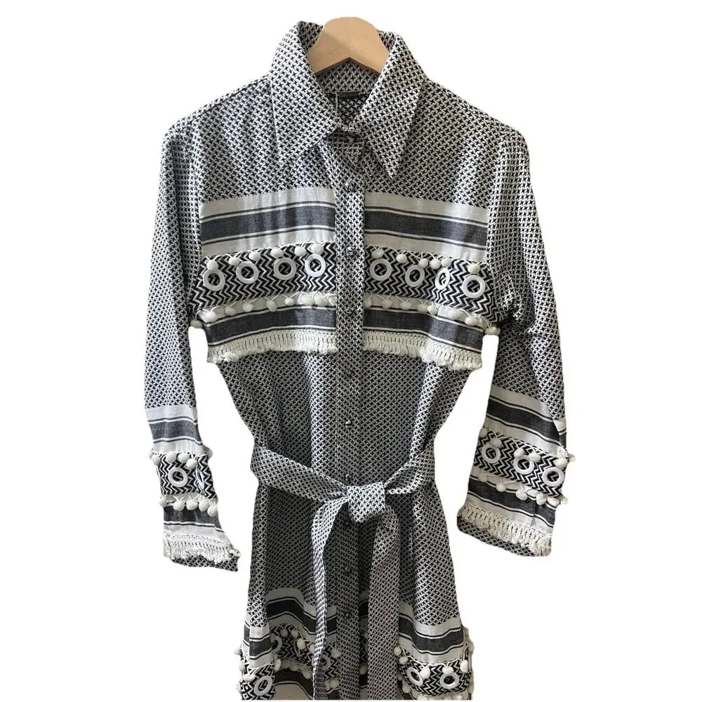 DoDo Bar Or Cotton Button Up Shirt Dress w Belt Black White Check Size Small New